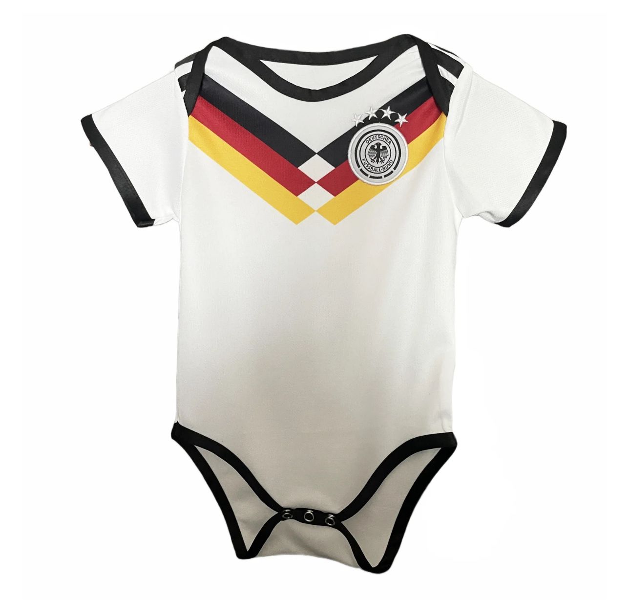 092f44c6-3285-4253-9b5c-4848f34f74ca White baby onesie with black trim and German flag chevrons across the chest, and a circular German football badge.
