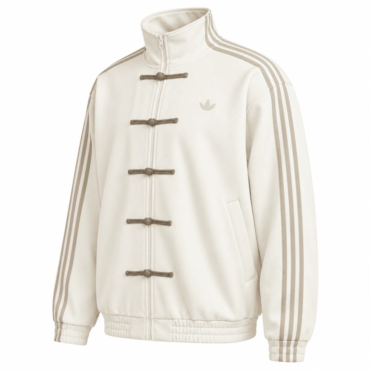 Adidas beige casual jacket with three stripes on sleeves and stand-up collar.