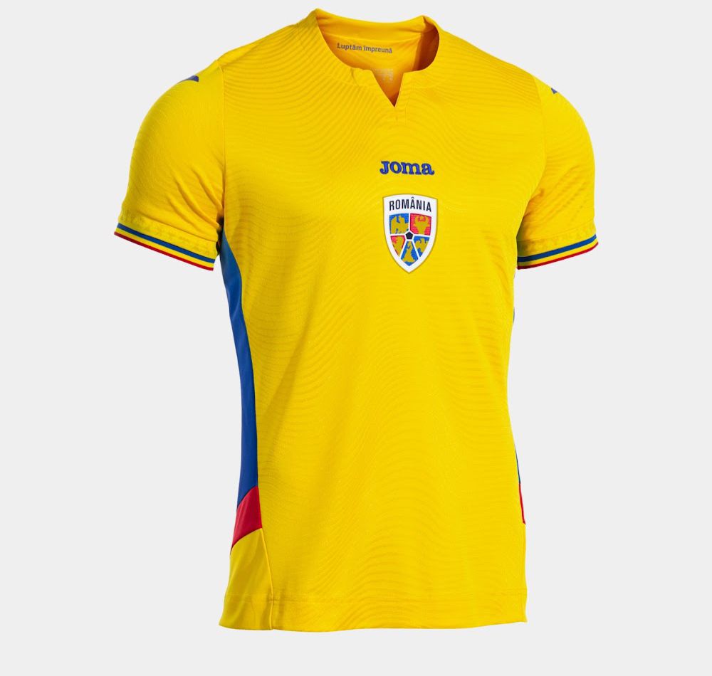 09d08961-27aa-4f71-90cb-89562fa14a52 | UAE SPORT STORE Front view of a yellow Romania national team soccer jersey featuring the crest and Joma logo, with blue side panels and striped sleeve cuffs.