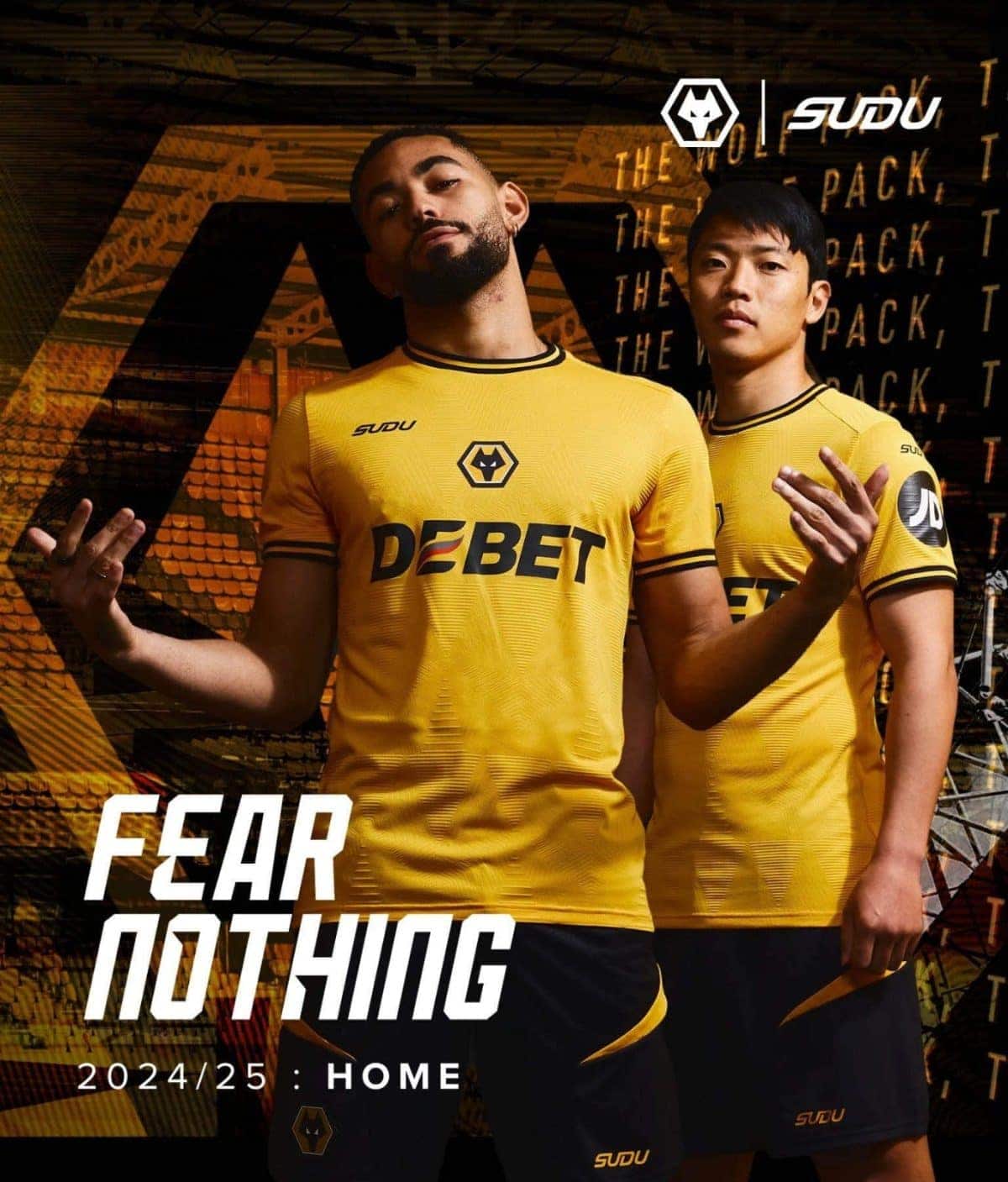 Two athletes in matching yellow jerseys stand confidently against a bold graphic background, with the slogan FEAR NOTHING and 2024/25 HOME visible.