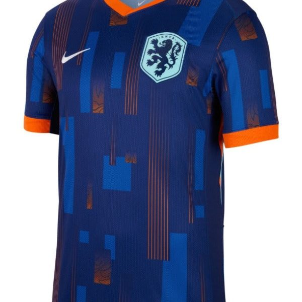 Netherlands national soccer jersey in blue with orange trim and crest on the chest, featuring a geometric pattern and Nike logo