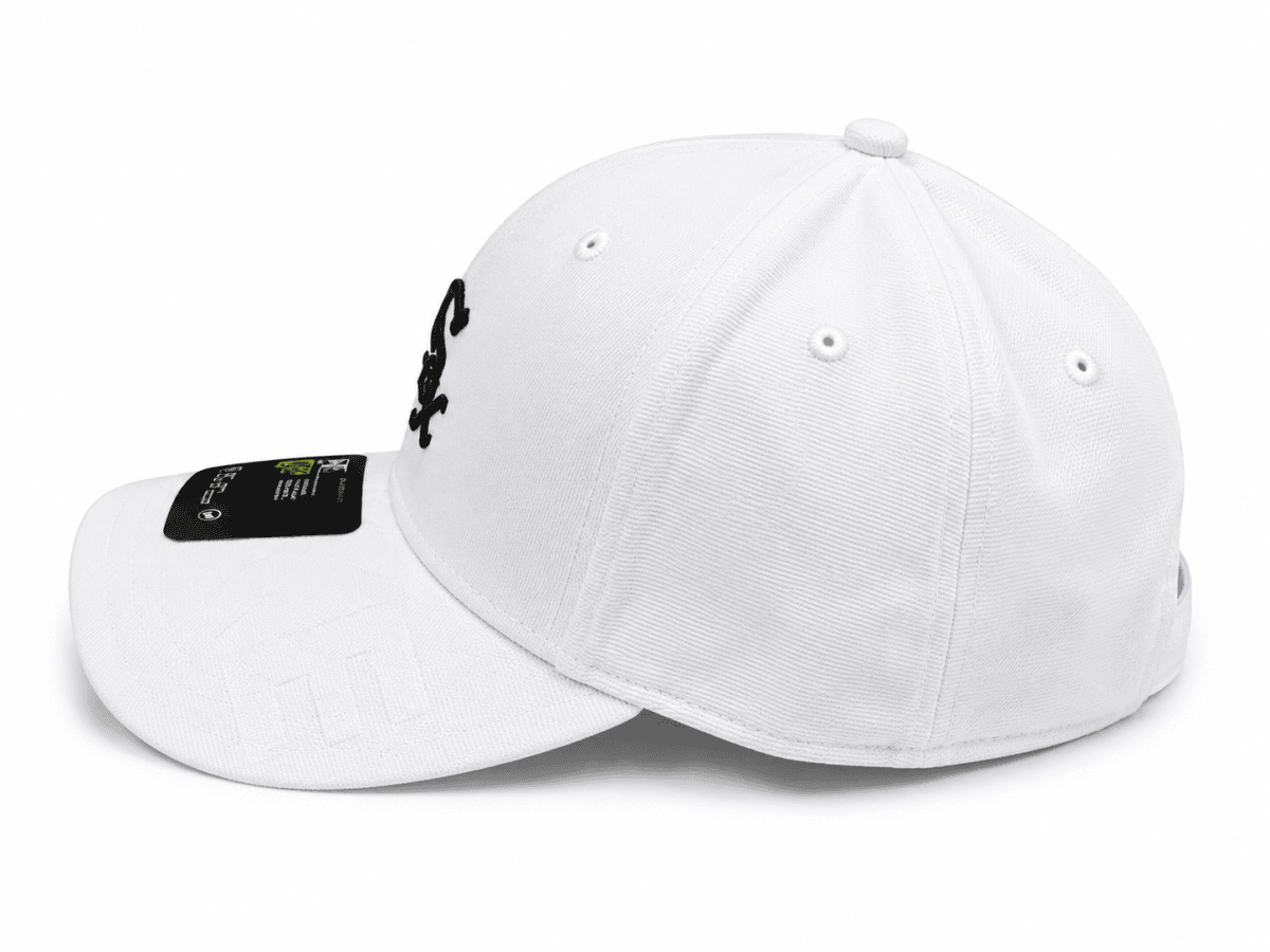 White baseball cap with a curved brim and black embroidered logo on the front, angled slightly to the left.