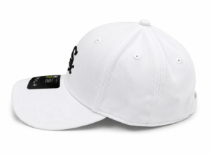 0F07DC70-D543-48AB-B589-2CE00206C846 | UAE SPORT STORE White baseball cap with a curved brim and black embroidered logo on the front, angled slightly to the left.