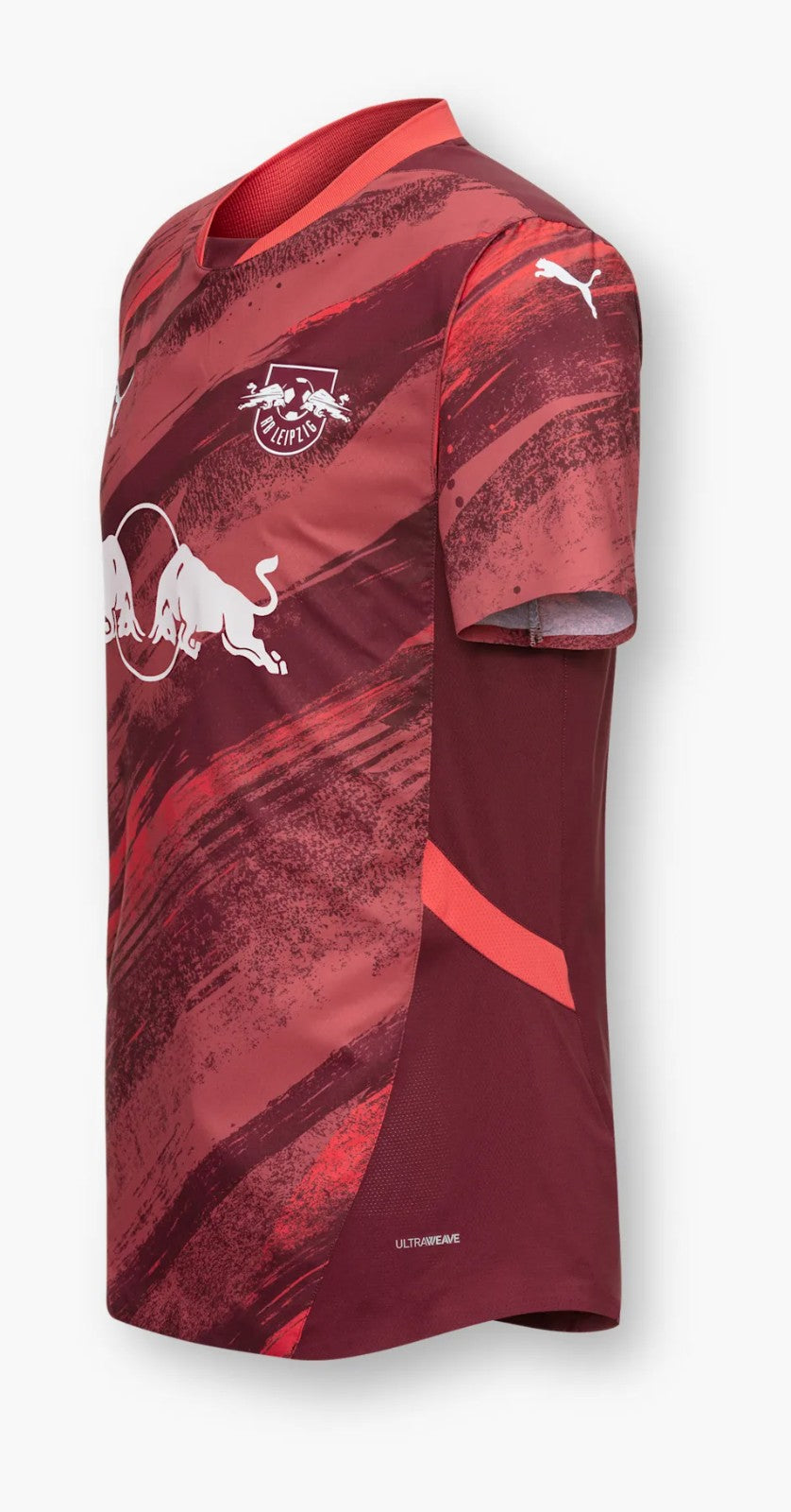 0K1u5WgZKuESSHi | UAE SPORT STORE Red maroon football jersey with bold brushstroke pattern, RB Leipzig crest on the chest, white Puma logo on the sleeve, and 'ULTRAWEAVE' text near the hem.