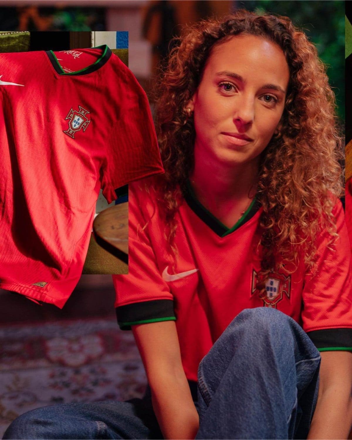 Woman with long curly hair wearing a red Portugal national team soccer jersey, looking at the camera; crested shirt visible on her chest and a second red jersey on the left side of the frame.