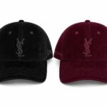 Luxury velvet black and burgundy caps with embroidered YSL logo.