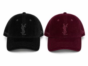 Luxury velvet black and burgundy caps with embroidered YSL logo.