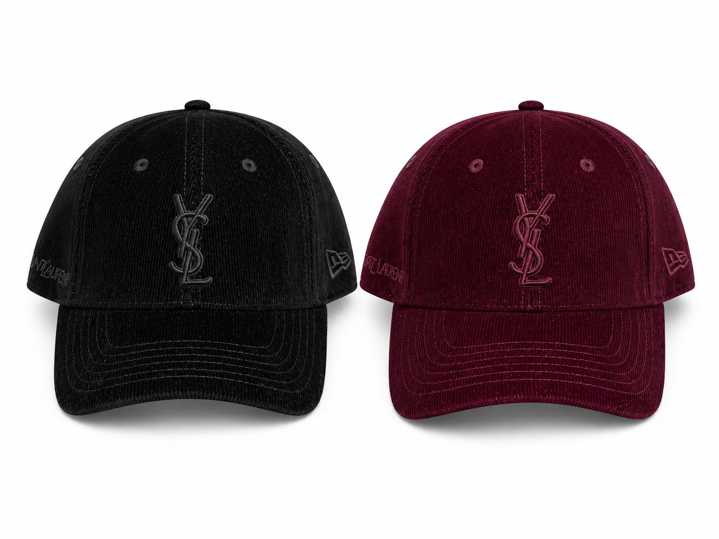 0a631ec2-5083-49a3-8090-19f667cdadac | UAE SPORT STORE Pair of black and burgundy corduroy baseball caps with the YSL monogram on the front and branding on the sides.