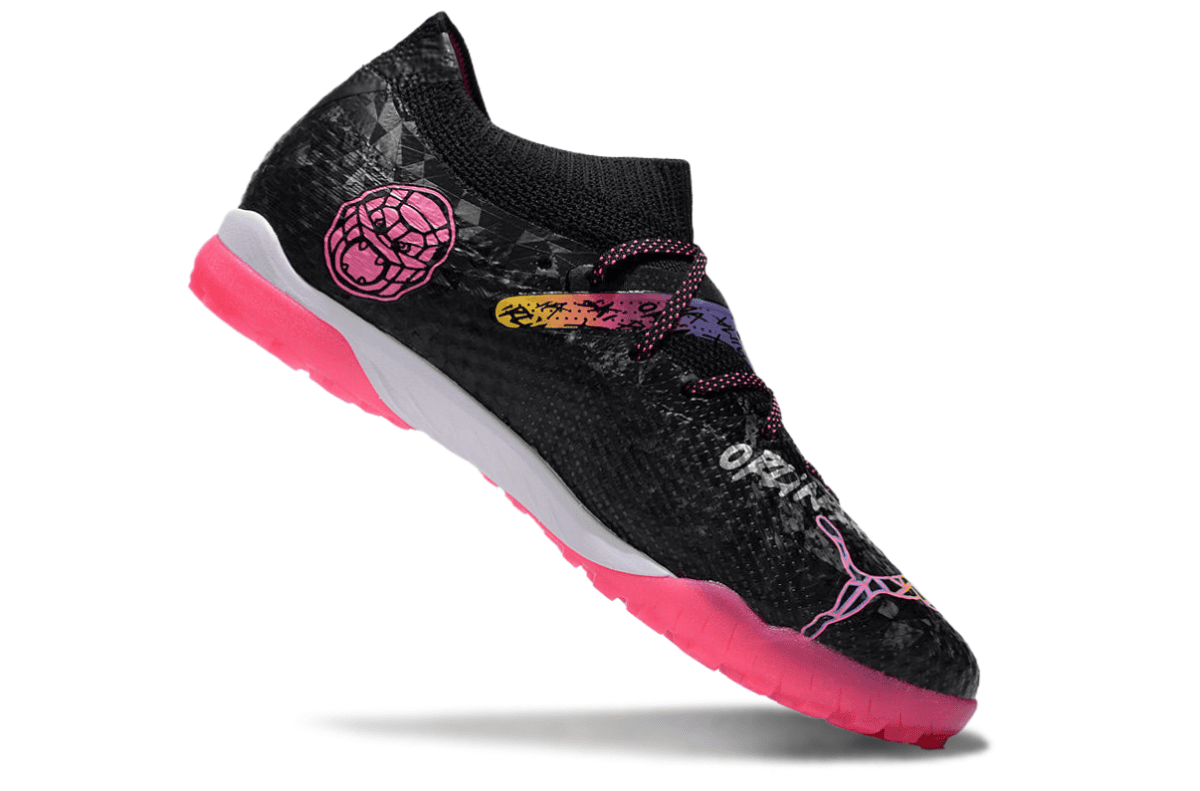 Black athletic sneaker with a bright pink sole, sock-like collar, and multicolor laces; pink logo on the side and abstract graphics on the upper