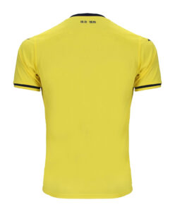Back view of a bright yellow athletic t‑shirt with a navy collar and sleeve trim; small Chinese characters are near the neckline.