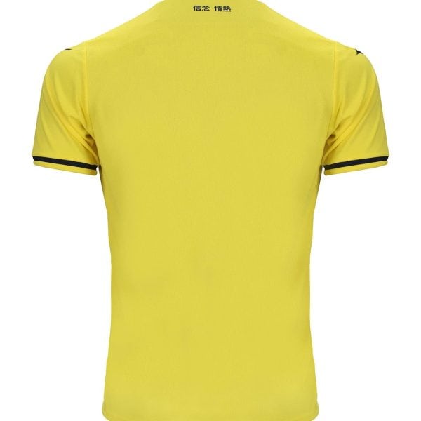 Back view of a bright yellow athletic t‑shirt with a navy collar and sleeve trim; small Chinese characters are near the neckline.