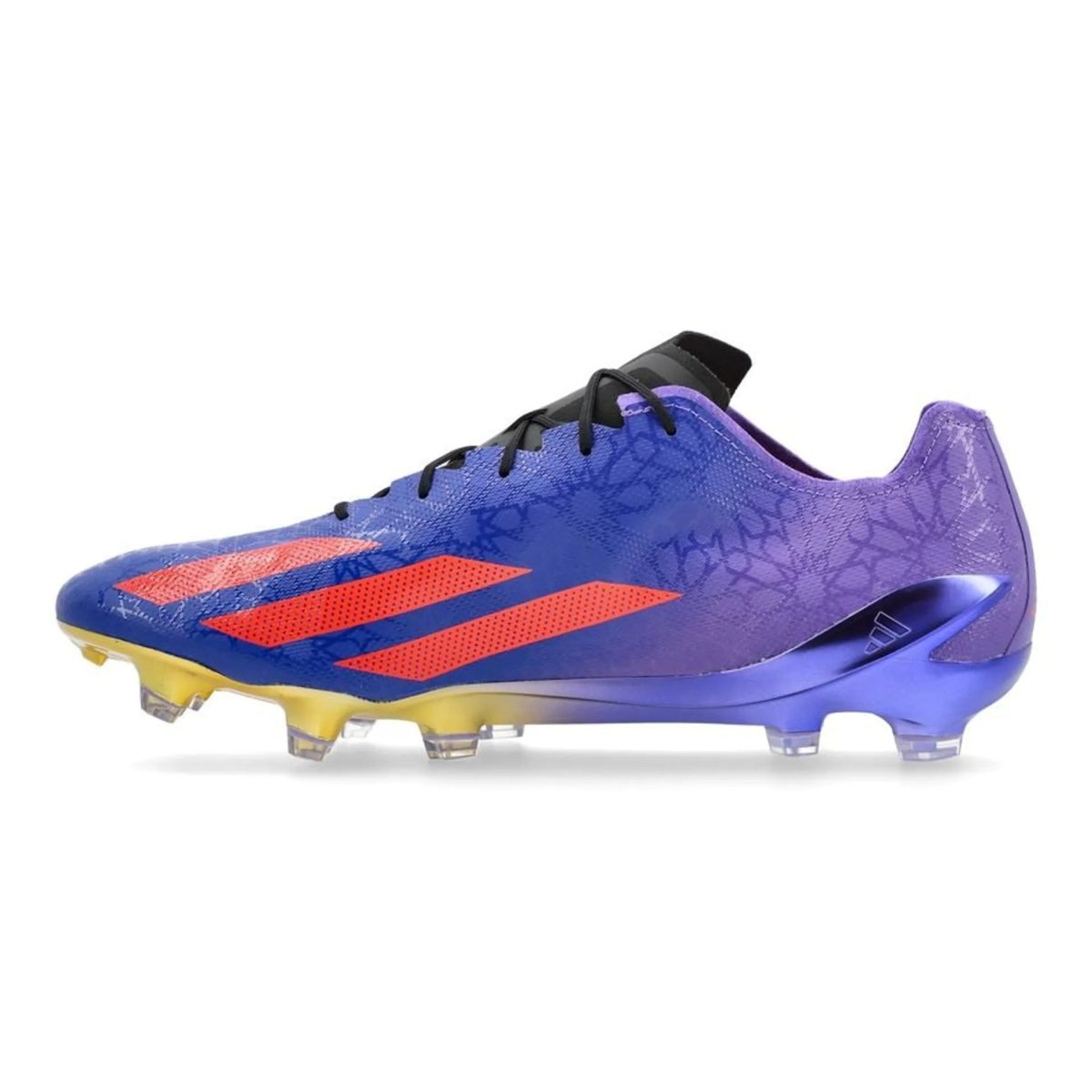 Pair of purple-to-blue soccer cleats with orange stripes and translucent studs, shown in profile on white background.
