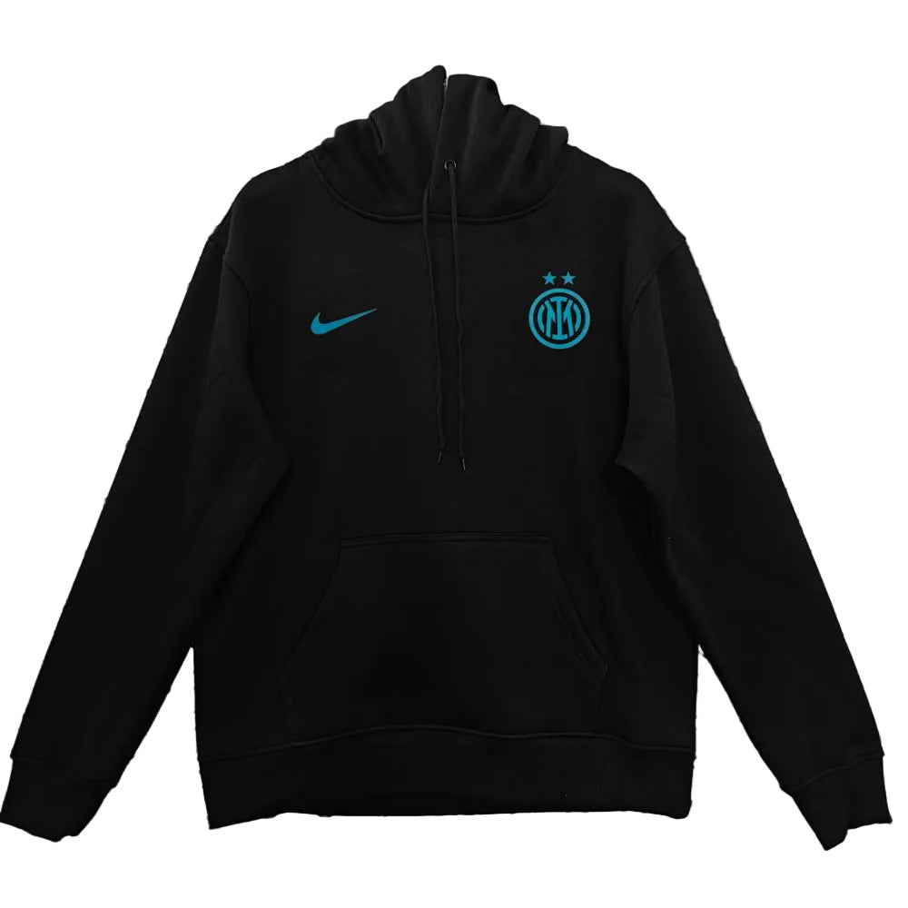 0cd7449a-8f13-4a8d-8213-c1fd2d455689 Black hoodie with front kangaroo pocket, blue Nike swoosh on the left chest, and cyan Inter Milan crest on the right chest.