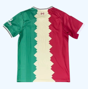 Back view of a sports jersey in green, white, and red with a zigzag cream center stripe and small logo at the neck