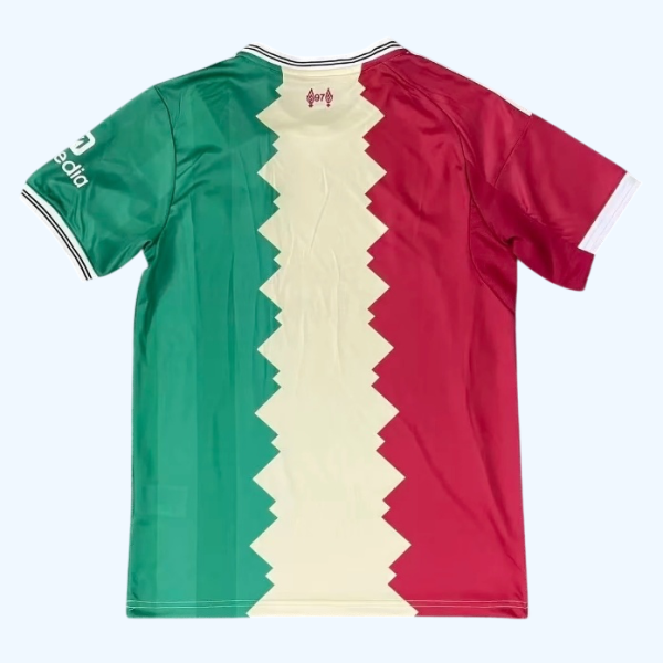 Back view of a sports jersey in green, white, and red with a zigzag cream center stripe and small logo at the neck