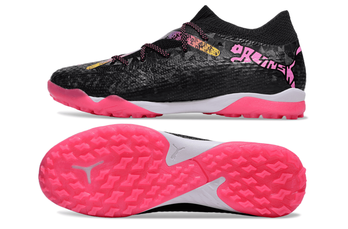Black athletic shoe with a pink outsole and graffiti-style pink accents on a textured upper, side view.