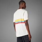 Back view of a person wearing a white T-shirt with three horizontal color bands (yellow, blue, red) across the upper back.