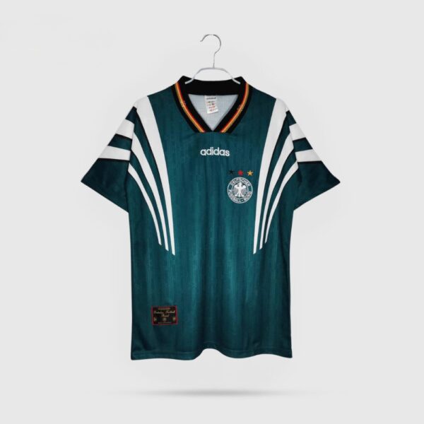 Adidas Germany national team soccer jersey on a hanger, teal with white stripe details and crest above the heart.