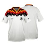 Front and back views of a white Germany national football jersey with a bold red, black and gold diamond pattern across the chest and crest on the front.