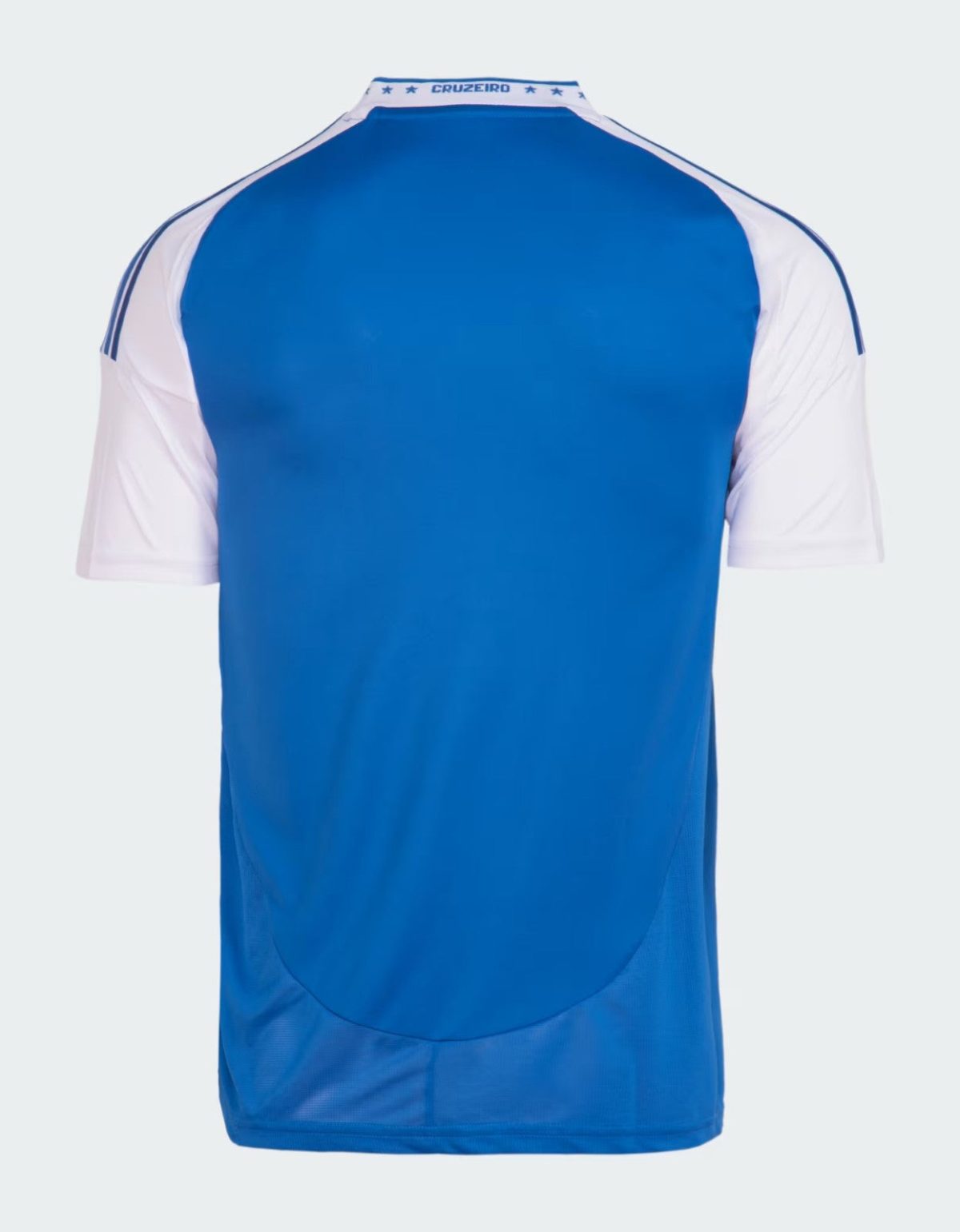 Back view of a blue sports jersey with white sleeves and a white collar trimmed in blue