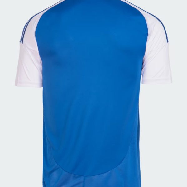 Back view of a blue sports jersey with white sleeves and a white collar trimmed in blue