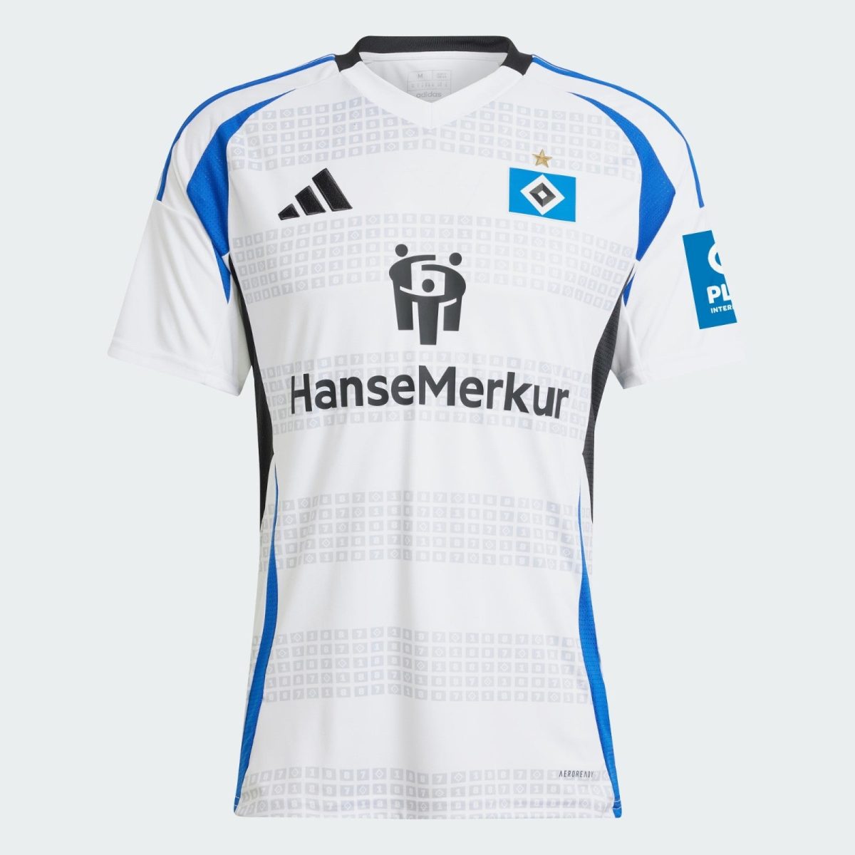 White football jersey with blue accents featuring the HanseMerkur sponsor logo and a blue diamond crest with a star above it, Adidas branding on the chest, and blue piping along shoulders and sides.