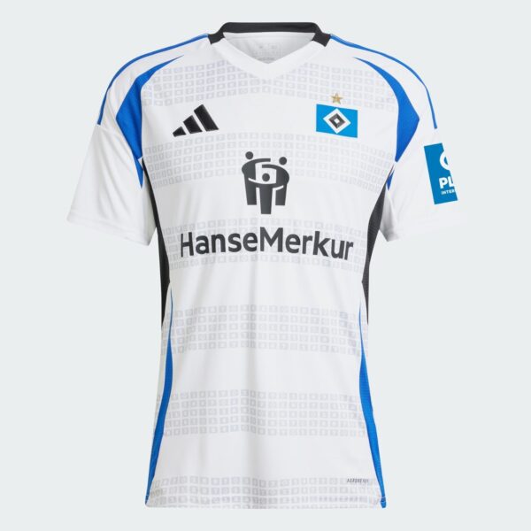 White football jersey with blue accents featuring the HanseMerkur sponsor logo and a blue diamond crest with a star above it, Adidas branding on the chest, and blue piping along shoulders and sides.