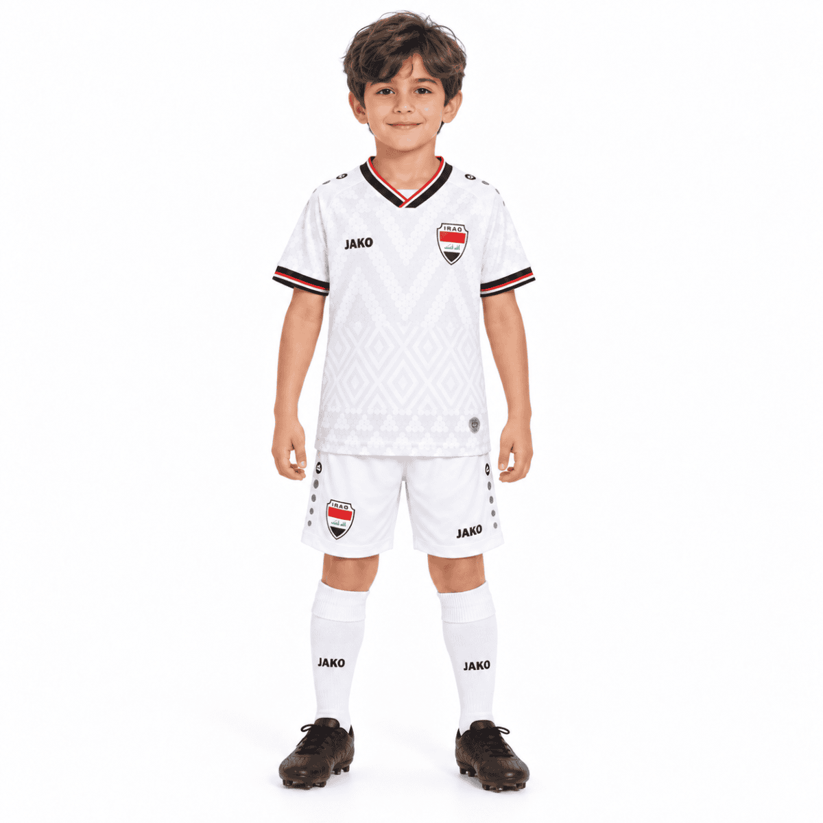 Kids Iraq home football kit 2026 with white jersey and shorts, black and red accents.