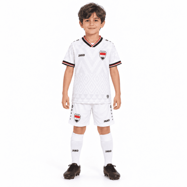 Kids Iraq home football kit 2026 with white jersey and shorts, black and red accents.