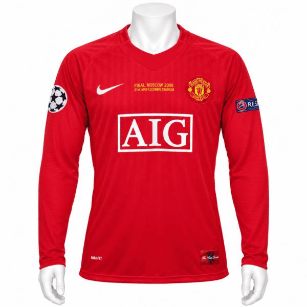 1 - UAE SPORT STORE Manchester United home long sleeve jersey for 2008 UCL final in red with sponsor logo.