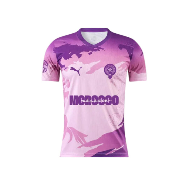 Purple and pink gradient soccer jersey with a camouflage pattern, left-chest team crest, and bold sponsor text across the front.
