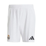 White Real Madrid football shorts with the team crest on the left leg and the Adidas logo on the right leg.