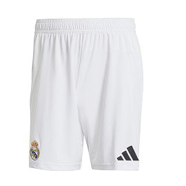 10138240_p White Real Madrid football shorts with the team crest on the left leg and the Adidas logo on the right leg.