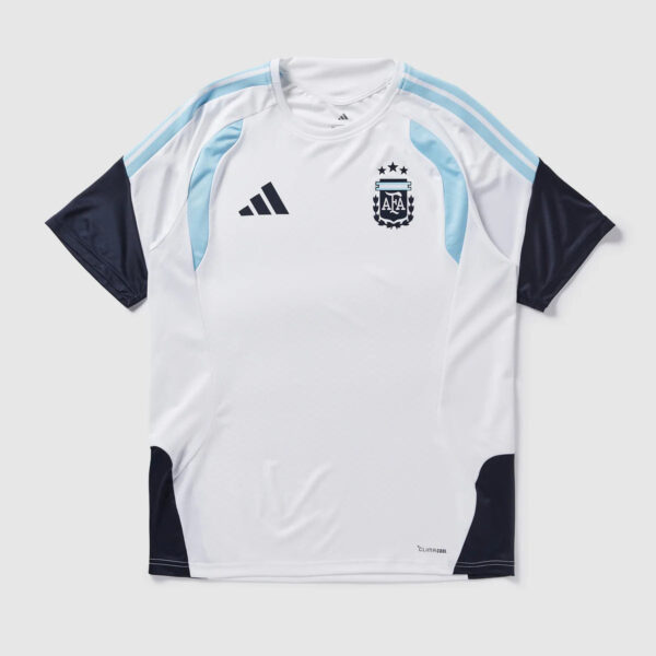 White Argentina national team jersey with light blue panels, navy sleeves, and Adidas logo.
