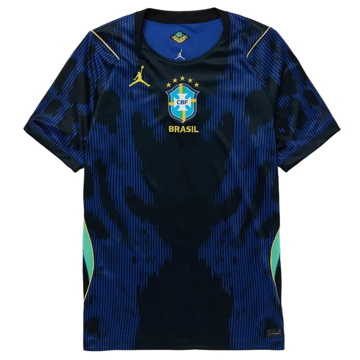 Brazil national football jersey with blue-black pattern, crest, and 'BRASIL' lettering.