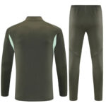 Olive green athletic tracksuit with mint side panels, long-sleeve top and tapered pants on a white background.