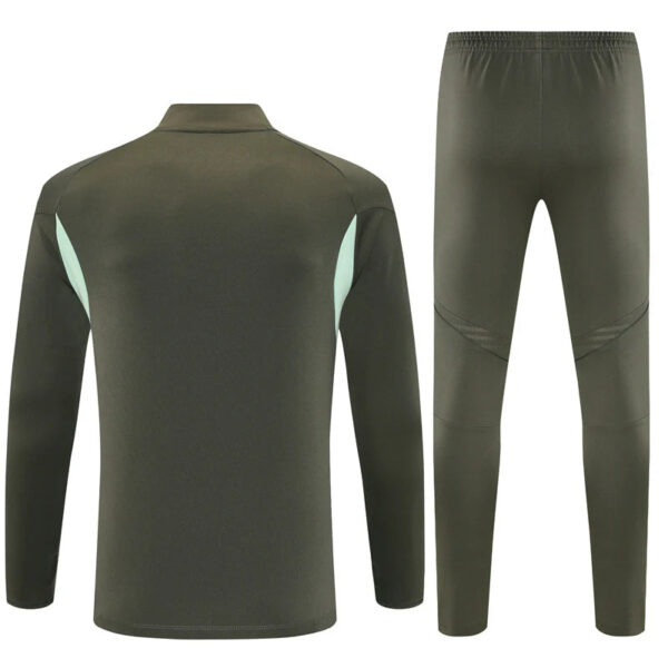 Olive green athletic tracksuit with mint side panels, long-sleeve top and tapered pants on a white background.