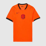 1053643_list | UAE SPORT STORE Orange Netherlands national team soccer jersey with black collar and cuffs, featuring a purple lion crest and Nike swoosh