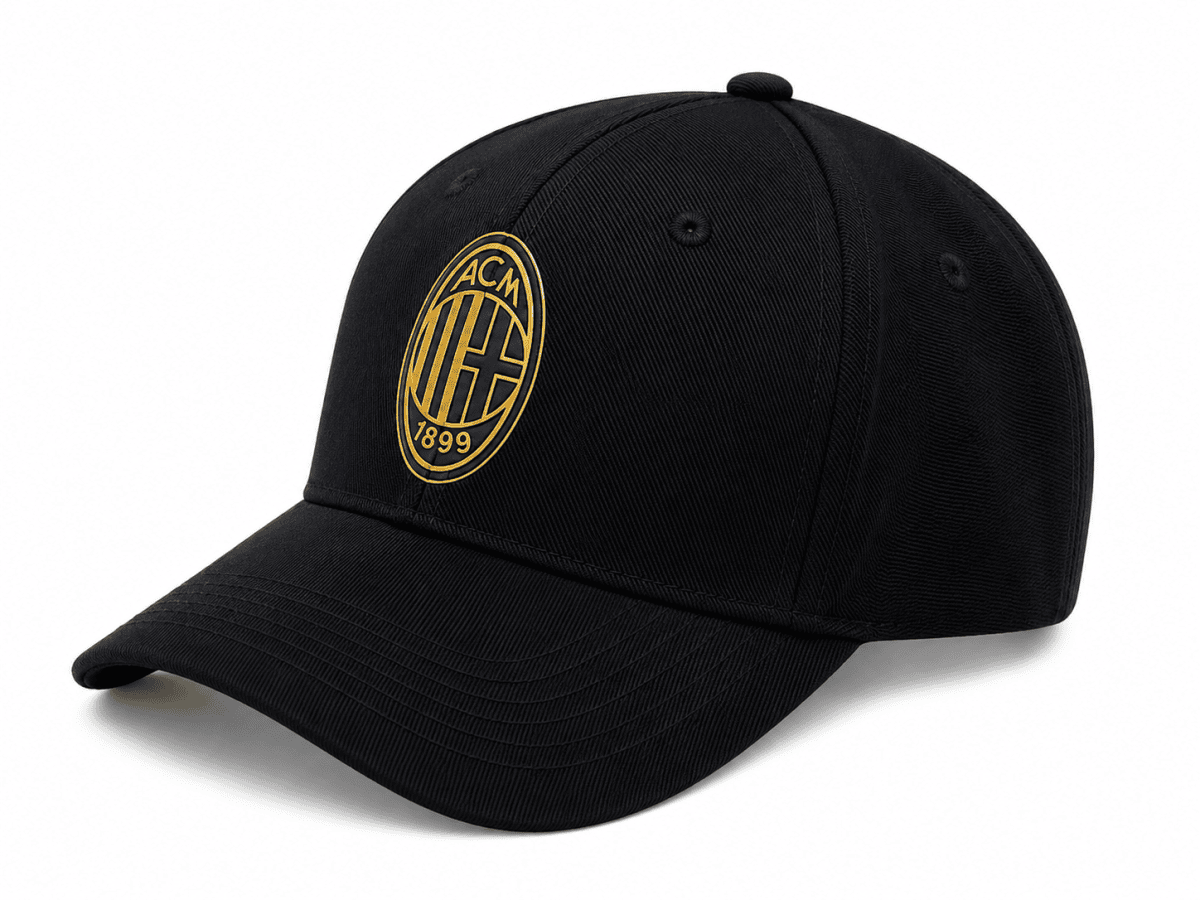 Black baseball cap with a gold AC Milan crest on the front panel