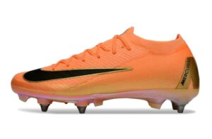 Orange Nike Mercurial soccer boot with black swoosh and gradient pink sole