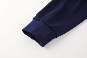 Close-up of a navy blue ribbed sleeve cuff on white background.