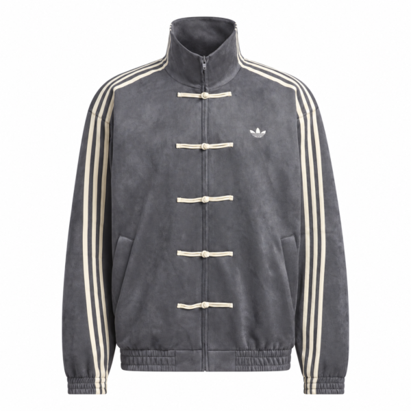 11 - UAE SPORT STORE Adidas unisex dark grey casual jacket with white stripes and logo.