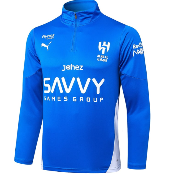 Blue long-sleeve half-zip sports jersey with white sponsor logos (Savvy Games Group) and team crest on the chest, viewed from the front.
