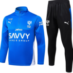 Blue Al Hilal training jersey with matching black pants, logoed kit for team use or training sessions