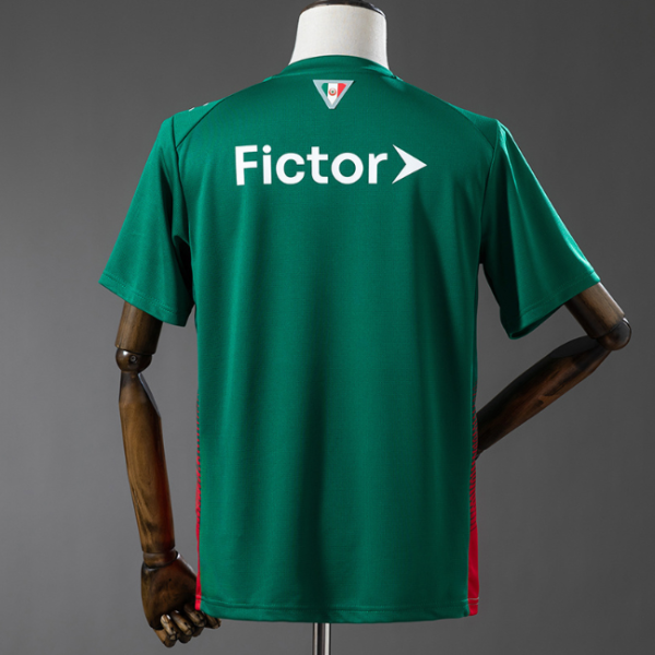 Green athletic jersey shown from behind on a mannequin, with the sponsor name 'Fictor' across the back.