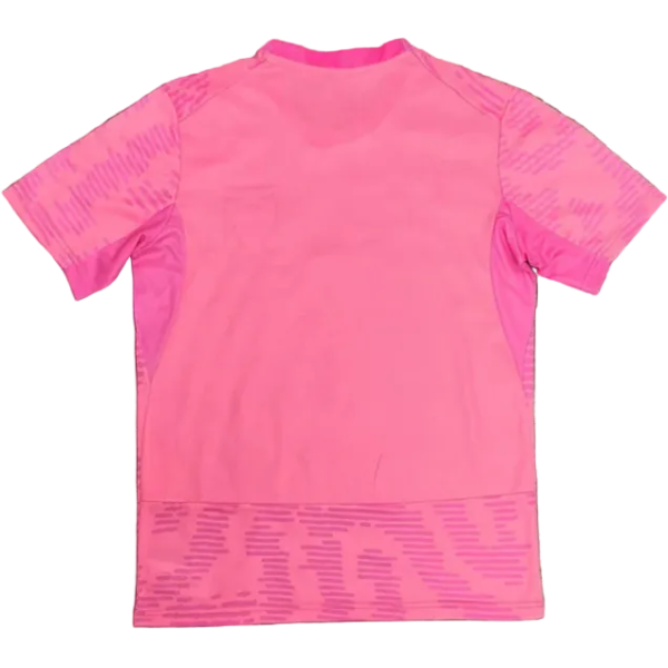 Bright pink short-sleeve athletic shirt with a lighter back and darker pink side panels and a patterned hem.