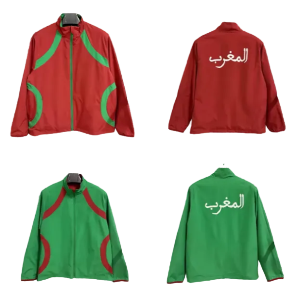 Front and back views of red and green windbreaker jackets with contrasting green panels; back shows Arabic word المغرب in white.