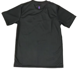 Dark gray short-sleeve T-shirt laid flat, back side showing a small purple tag at the neck area