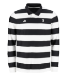 Black and white horizontal striped rugby polo with long sleeves, featuring Juventus crest and Adidas logo on the chest.