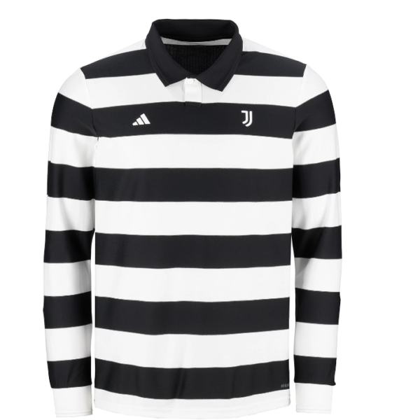 Black and white horizontal striped rugby polo with long sleeves, featuring Juventus crest and Adidas logo on the chest.